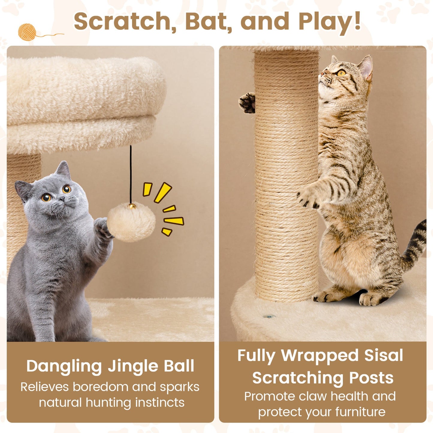 40 Inch multi-level cat tower with dangling ball toy and sisal-wrapped posts on Tampa Home & Garden Store