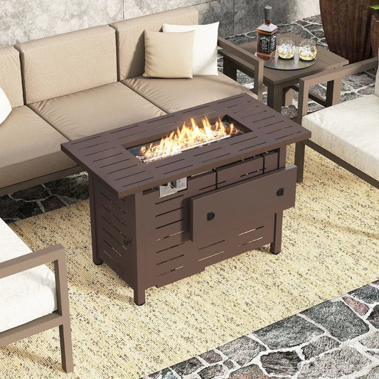 40 Inch Outdoor Propane Fire Pit by DirectDeals with lava rocks in a brown rectangular gas fire table on Tampa Home & Garden Store
