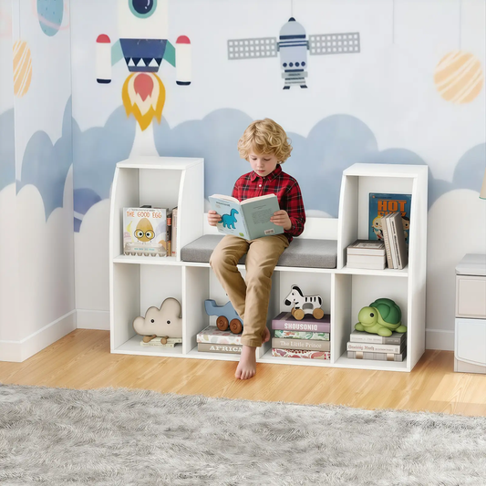 40 Inches Kids Bookshelf with Reading Nook white corner bookcase, 6 open cubes, DirectDeals on Tampa Home & Garden Store