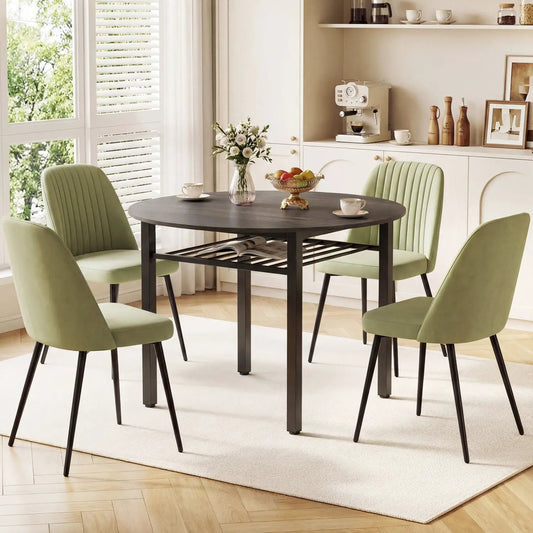 40-inch round dining table with a storage shelf, dark wood, surrounded by four green chairs on Tampa Home & Garden Store