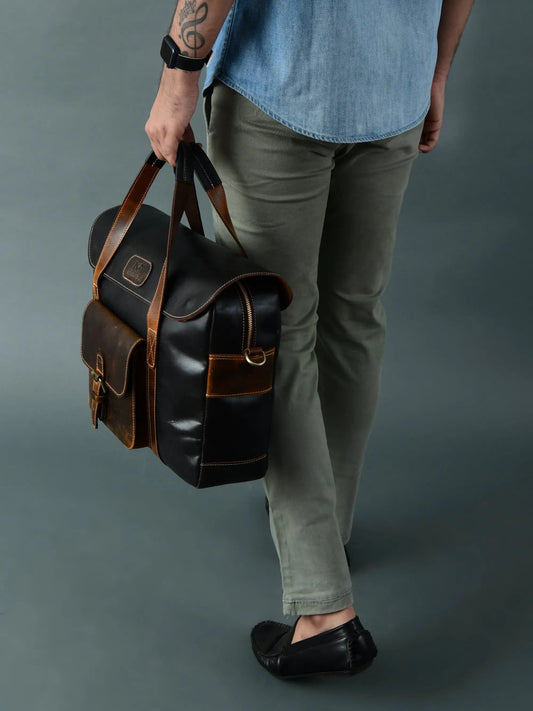 Walker Office Top Handle Bag in buffalo leather, black with brown leather trim on Tampa Home & Garden Store