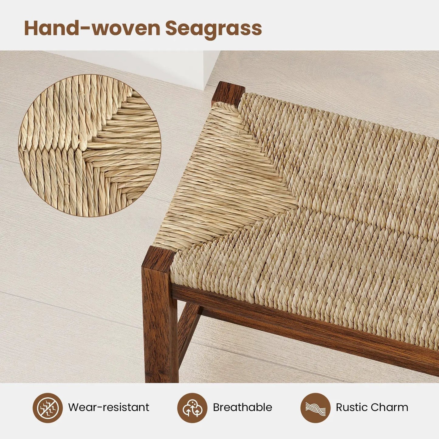 40-Inch wood bench with seagrass seat, natural wood frame, handwoven seating on Tampa Home & Garden Store