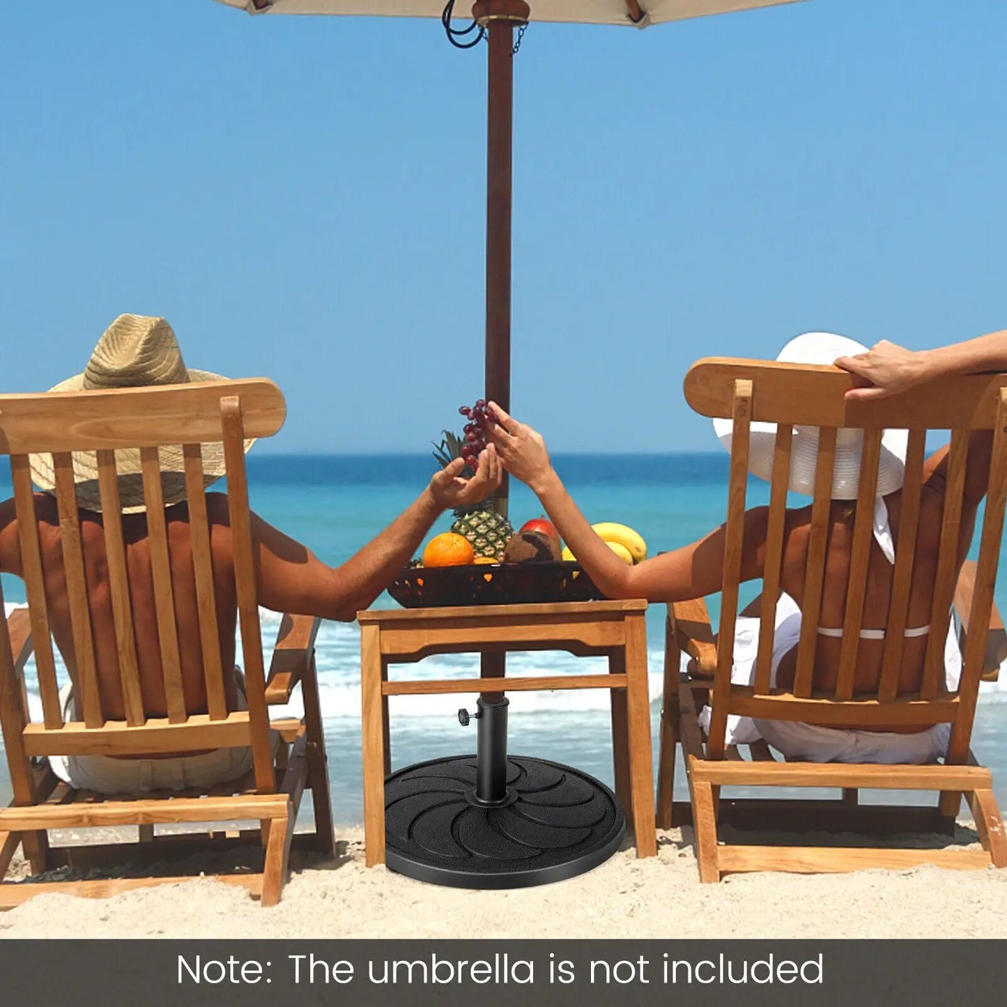 40-Pound round outdoor umbrella base heavy duty by DirectDeals on sandy beach with chairs on Tampa Home & Garden Store
