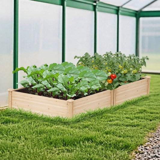 40x40 outdoor fir wood raised garden bed natural finish filled with leafy greens and tomatoes on Tampa Home & Garden Store