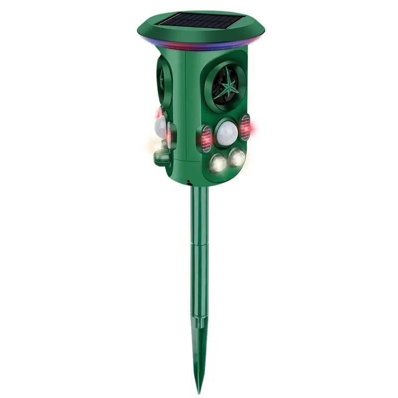 360° Solar Animal Repeller with Sensor Alarm, green stake-mounted device with solar panel on Tampa Home & Garden Store