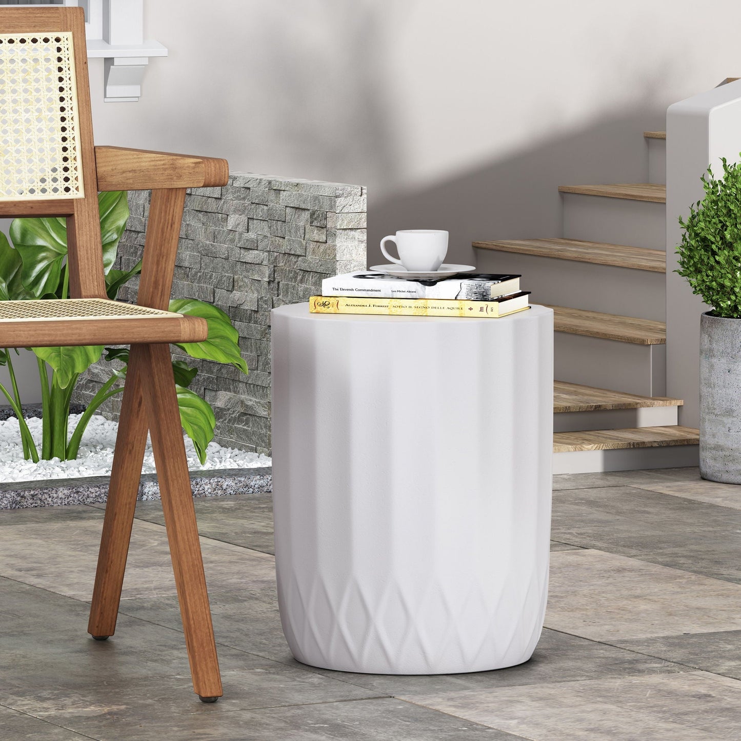 Outdoor End Table With A Scallop Edge In White