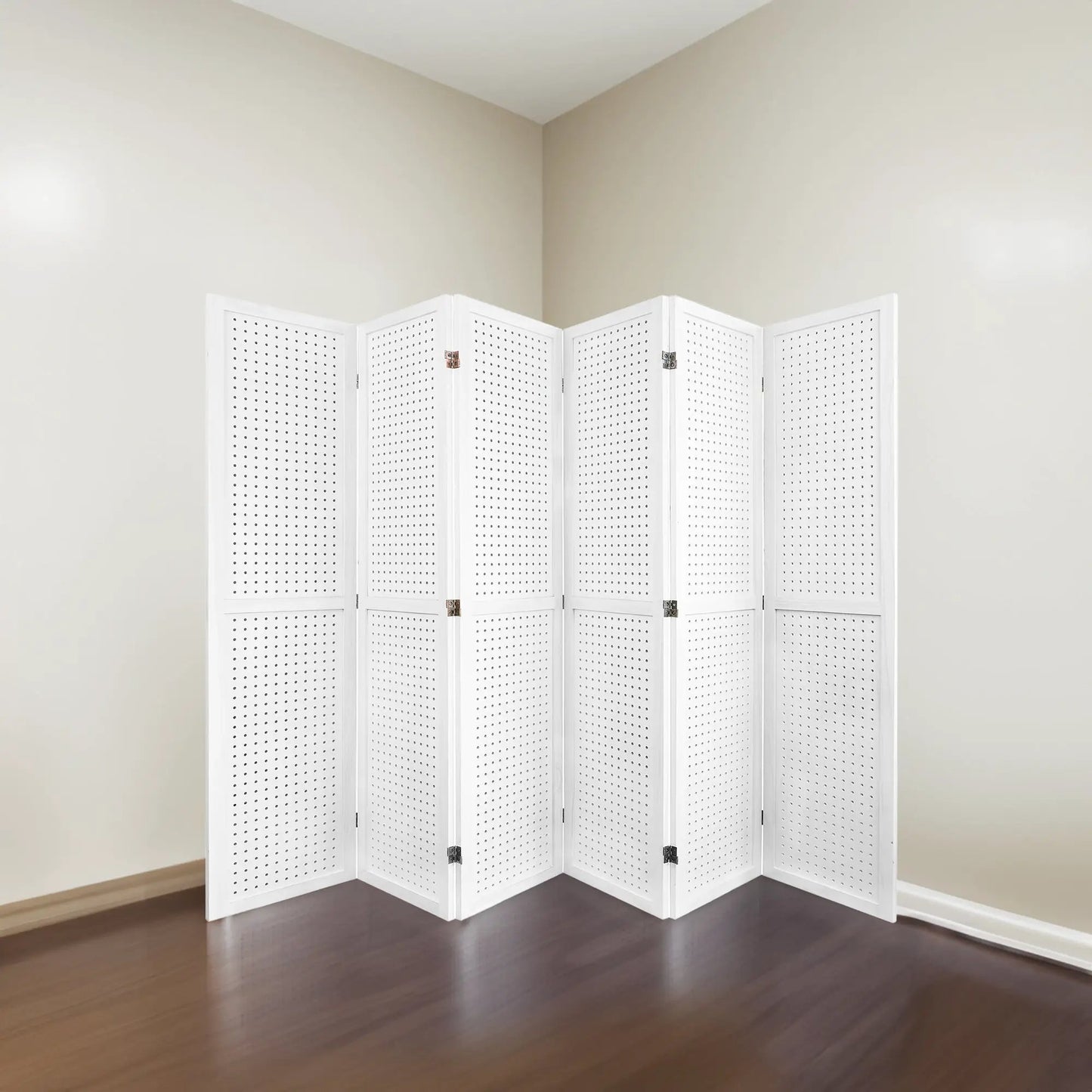 Divisor de ambientes de 6 paneles, expositor de clavijas de 5,6 pies, divisor de ambientes de madera, biombo plegable para privacidad, divisor de ambientes blanco elegante