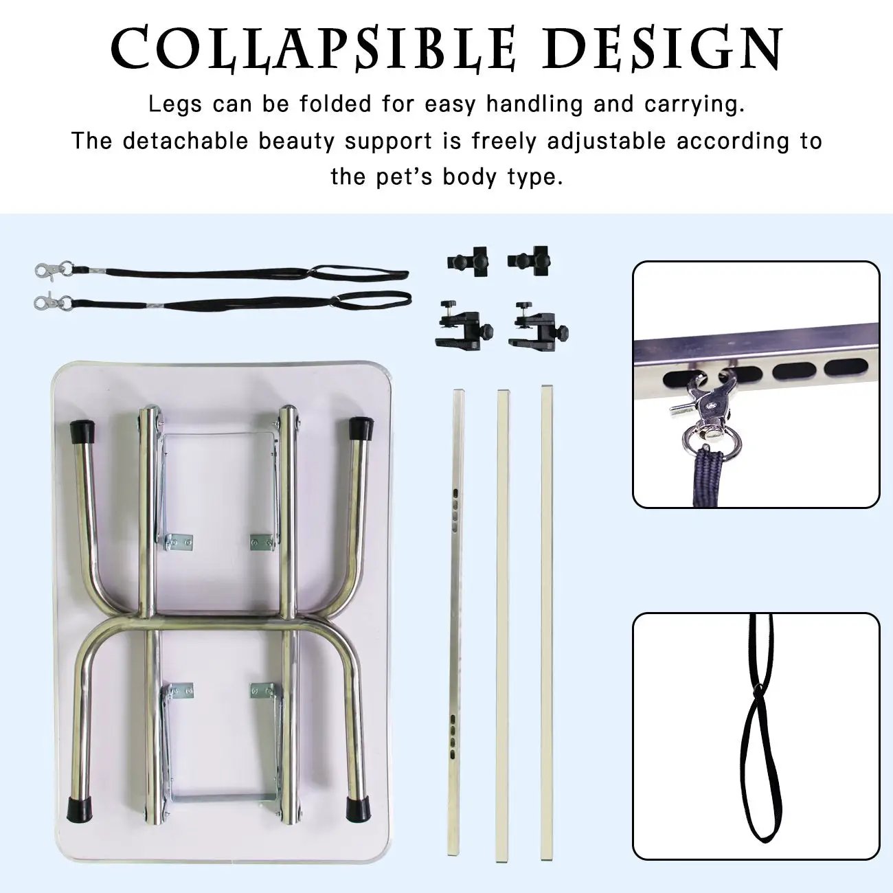 Table de toilettage pliable pour animaux de compagnie de 91 cm avec cadre en acier inoxydable et tapis en caoutchouc, équipée de bras de support et de clips réglables (rose)