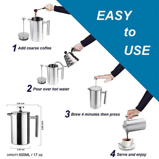 Stainless steel French press coffee pot with handle, 304, 500ml capacity, VIP Digital Presence on Tampa Home & Garden Store
