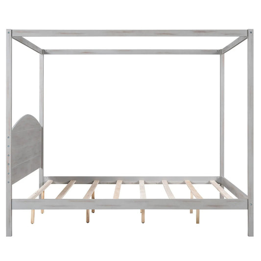 King size canopy platform bed frame with headboard and legs silver metal posts and wooden slats on Tampa Home & Garden Store
