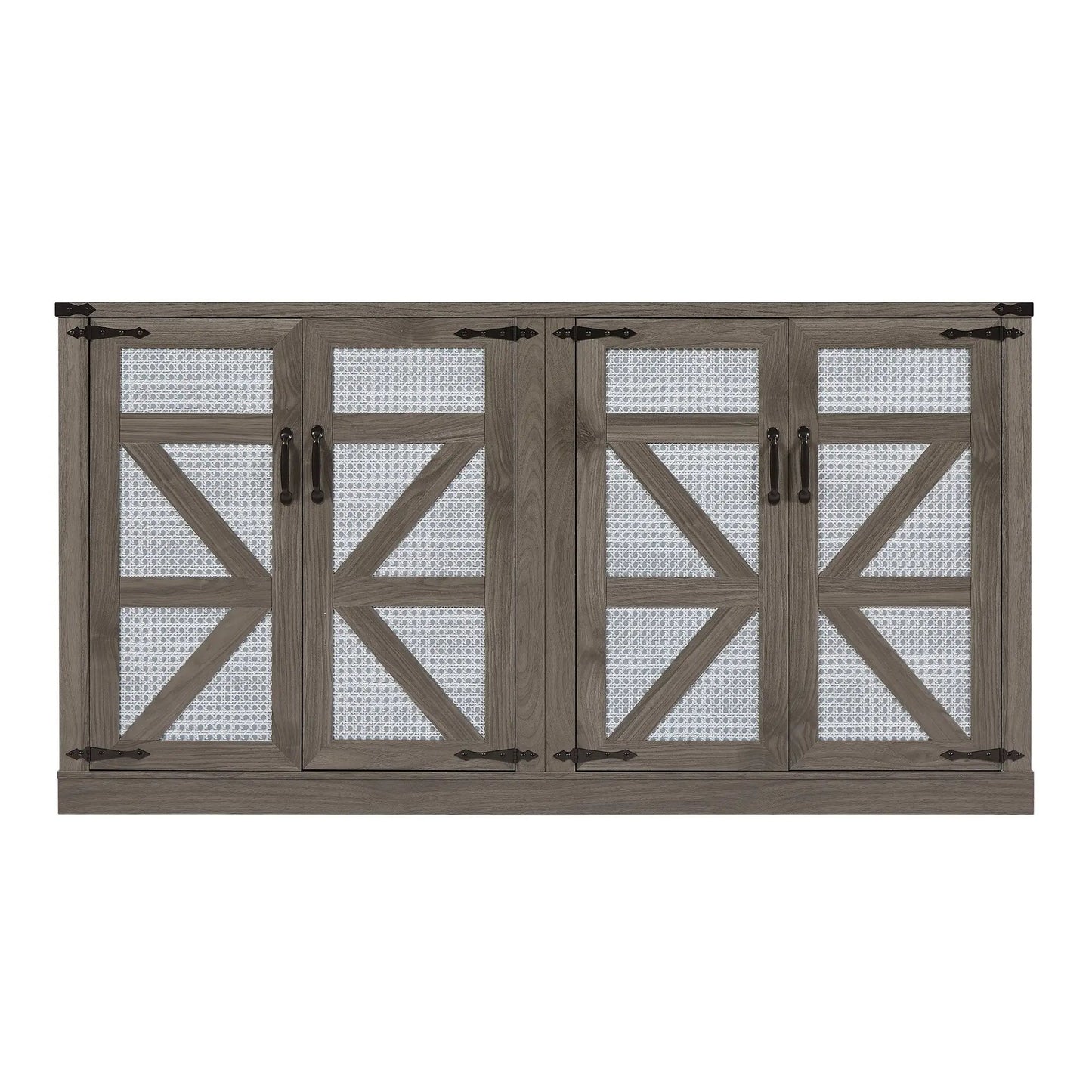 Slate gray faux rattan sideboard with barn doors, crossbuck panels, dark metal hinges on Tampa Home & Garden Store
