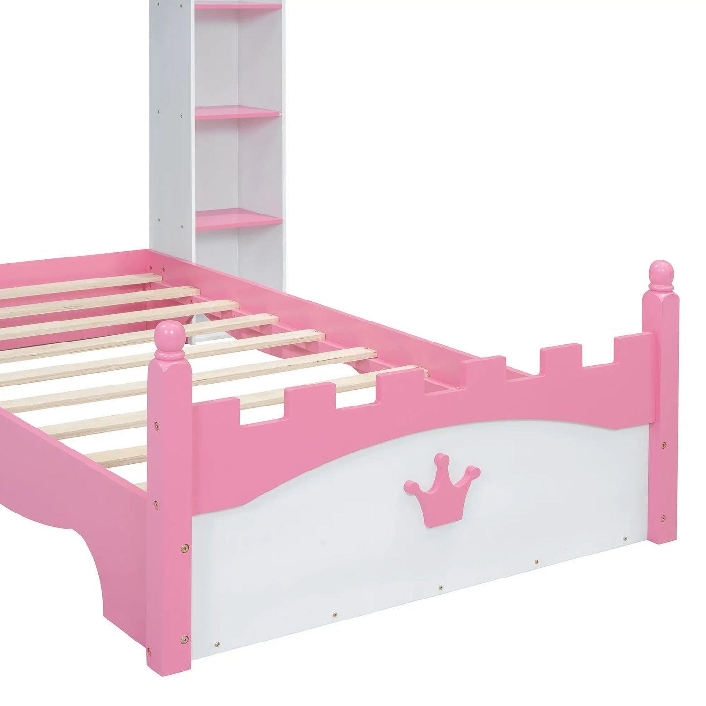 Castle-shaped twin bed frame in pink and white with built-in pink storage shelves and slatted base on Tampa Home & Garden Store