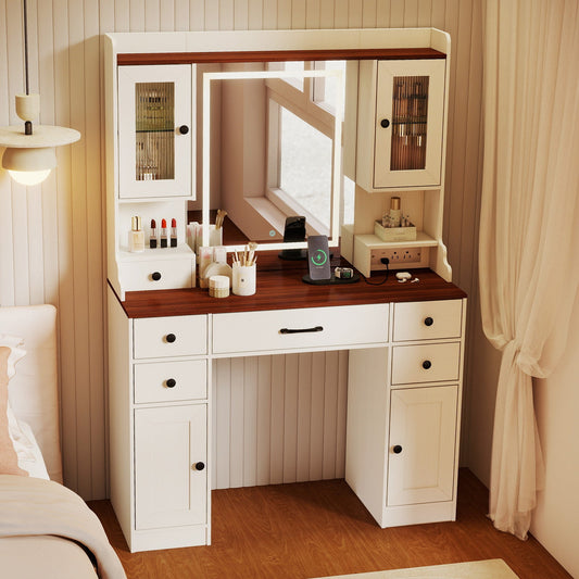 41.5 Inch Makeup Dressing Table with Power Outlets and 3 Color Lighting Modes-White+
