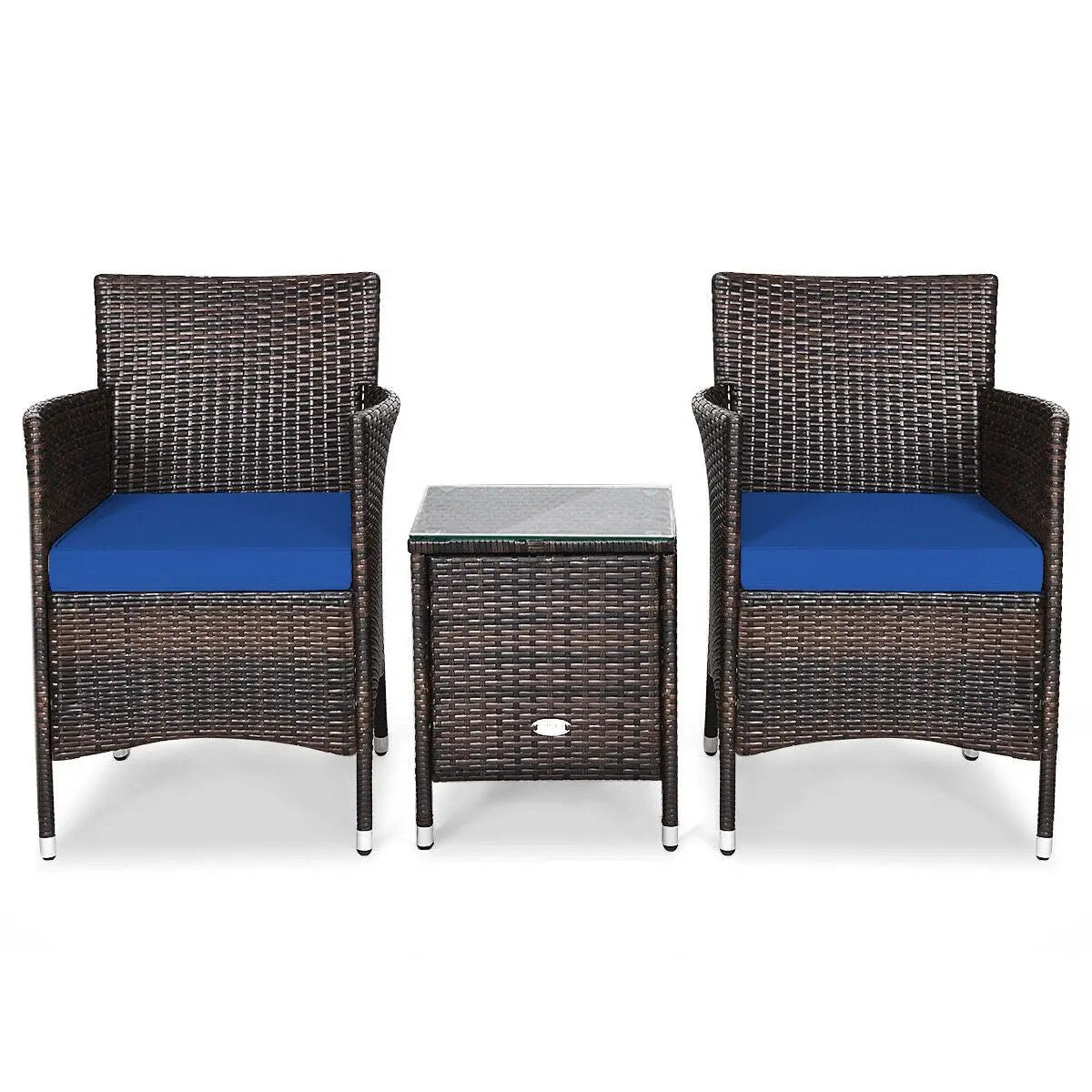 Outdoor Rattan Wicker 3pc Set by DirectDeals with chairs, blue cushions, glass-top table on Tampa Home & Garden Store