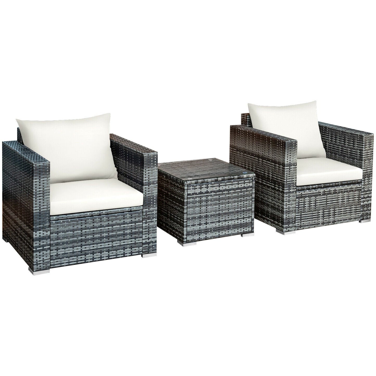 3 Pcs Patio Rattan Furniture Bistro Sofa Set with Cushioned-Gray