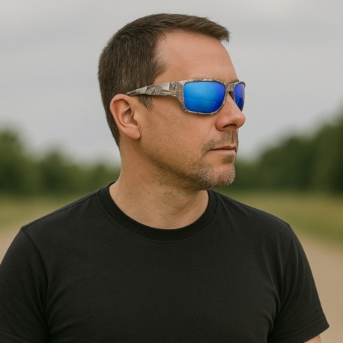 Polarized camouflage sports sunglasses by BikerZoneZ with blue mirrored lenses UV400 on Tampa Home & Garden Store