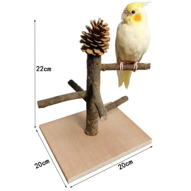 Solid wood parrot station frame bird toy with pinecone accent on natural wood base on Tampa Home & Garden Store
