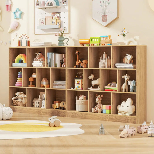 Wooden toy storage organizer with cube compartments in natural wood for kids' books and toys on Tampa Home & Garden Store