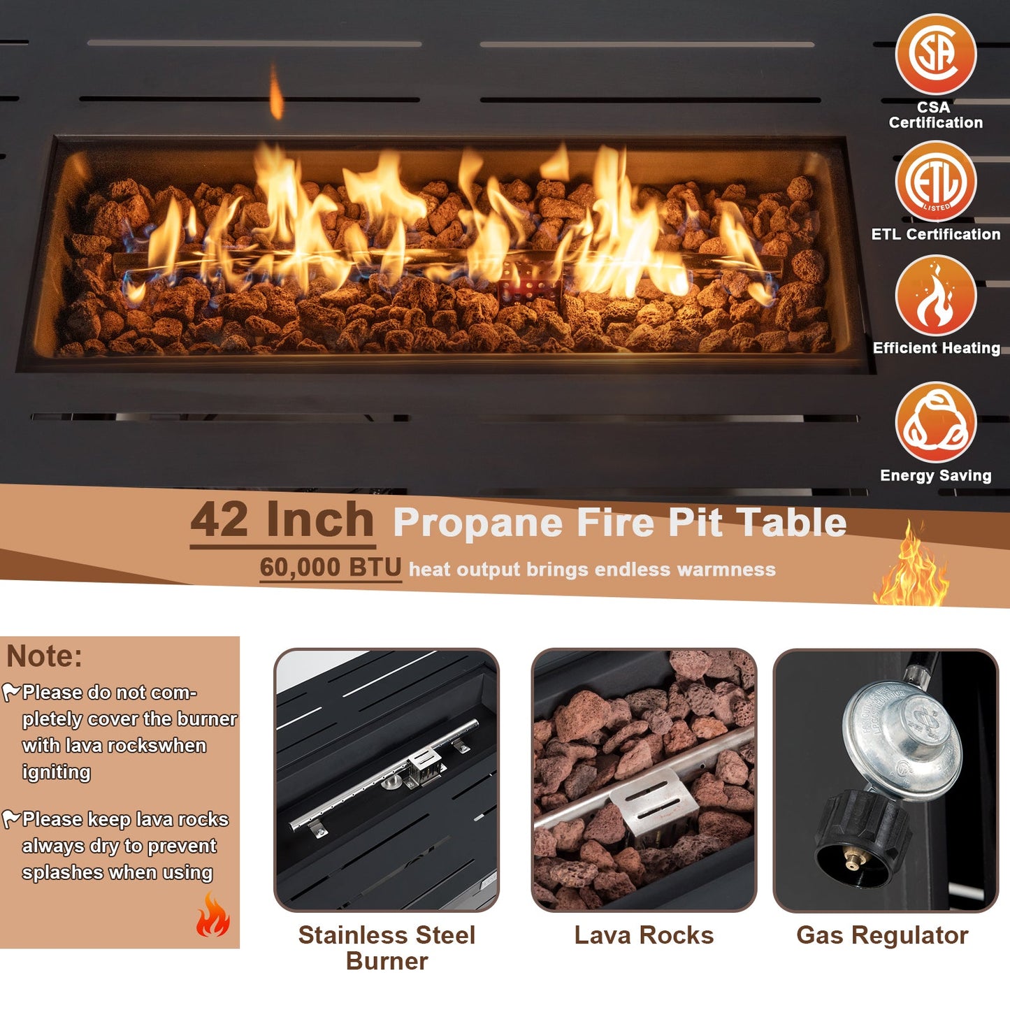 42 Inch Propane Fire Pit Table with 60,000 BTU flame, lava rocks, black frame on Tampa Home & Garden Store