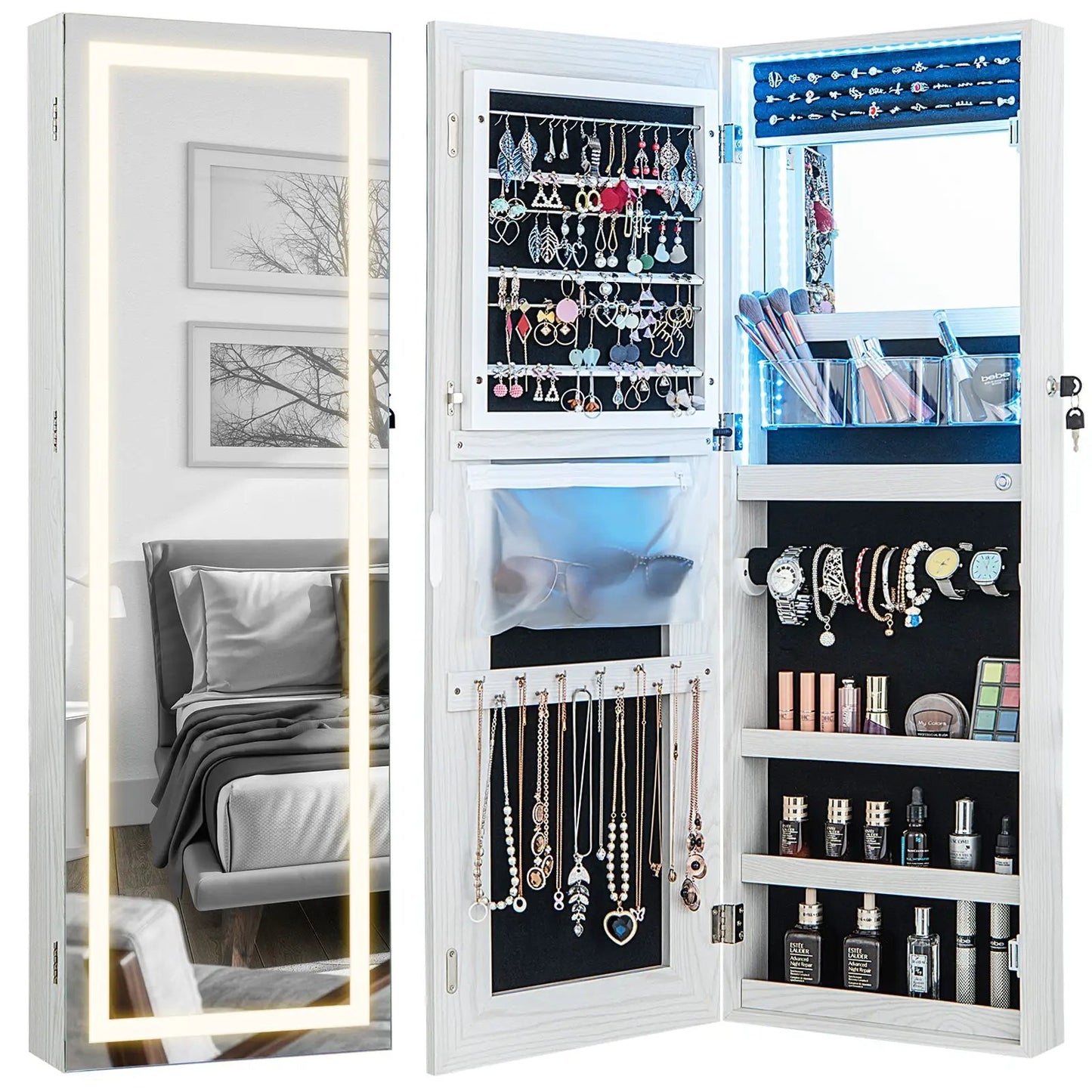 Lockable Jewelry Mirror Cabinet with 3-Color LEDs, 42.5-in white wall unit DirectDeals on Tampa Home & Garden Store