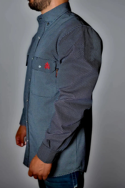 Static FR Pearl Snap Work Shirt Shadow Black with microdot pattern and red tree logo on chest on Tampa Home & Garden Store