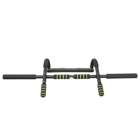 Wall mounted pull up bar and dip bar with black steel frame and neon green padded grips on Tampa Home & Garden Store