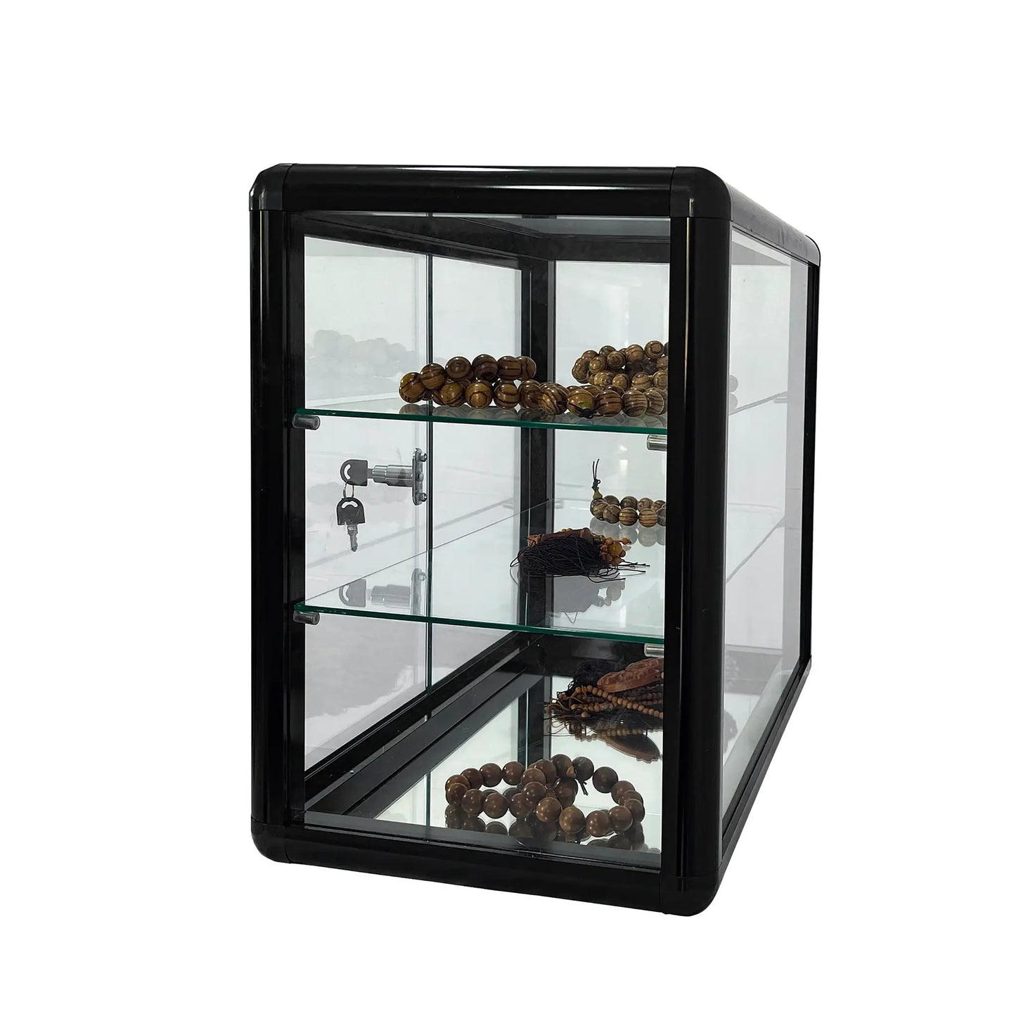 Tempered Glass Display Case with Sliding Door, black frame, glass shelves on Tampa Home & Garden Store