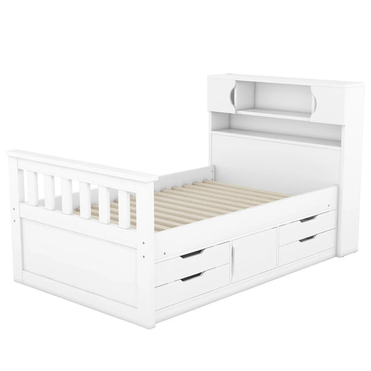 Twin Size Captain Platform Bed Frame With Storage white headboard bookcase underbed drawers on Tampa Home & Garden Store