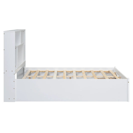 White full-size platform bed with storage drawers and open headboard cubbies, wooden slats on Tampa Home & Garden Store