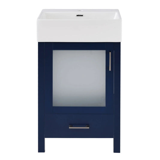Bathroom vanity with ceramic sink and ample storage, navy blue cabinet on Tampa Home & Garden Store