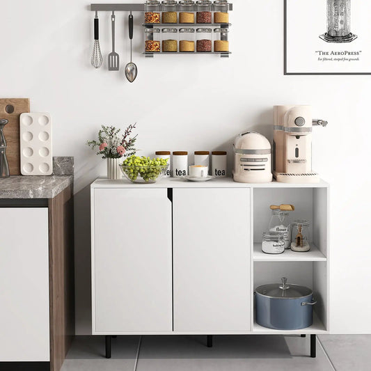 42-Inch white sideboard cabinet with adjustable shelves and open storage on Tampa Home & Garden Store