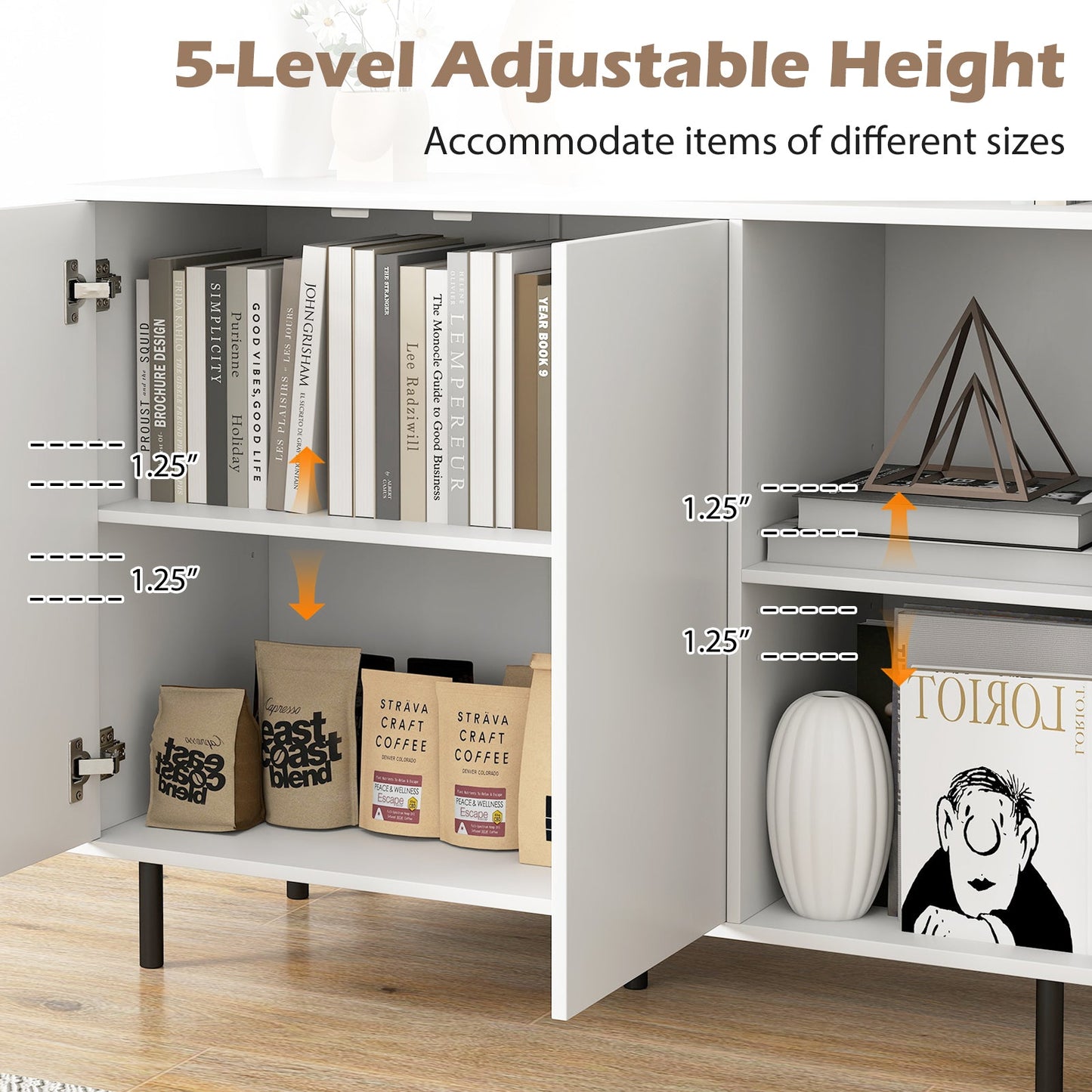 42 inch sideboard cabinet with adjustable shelves in white finish, displays books and bags on Tampa Home & Garden Store