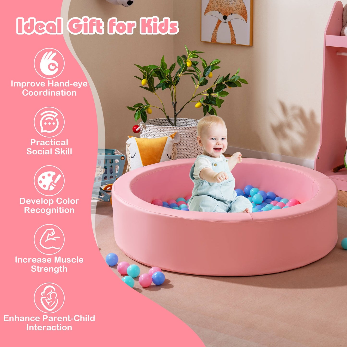 Forty Two and a Half Inch Round Foam Ball Pit pink with multicolor balls; toddler seated inside on Tampa Home & Garden Store