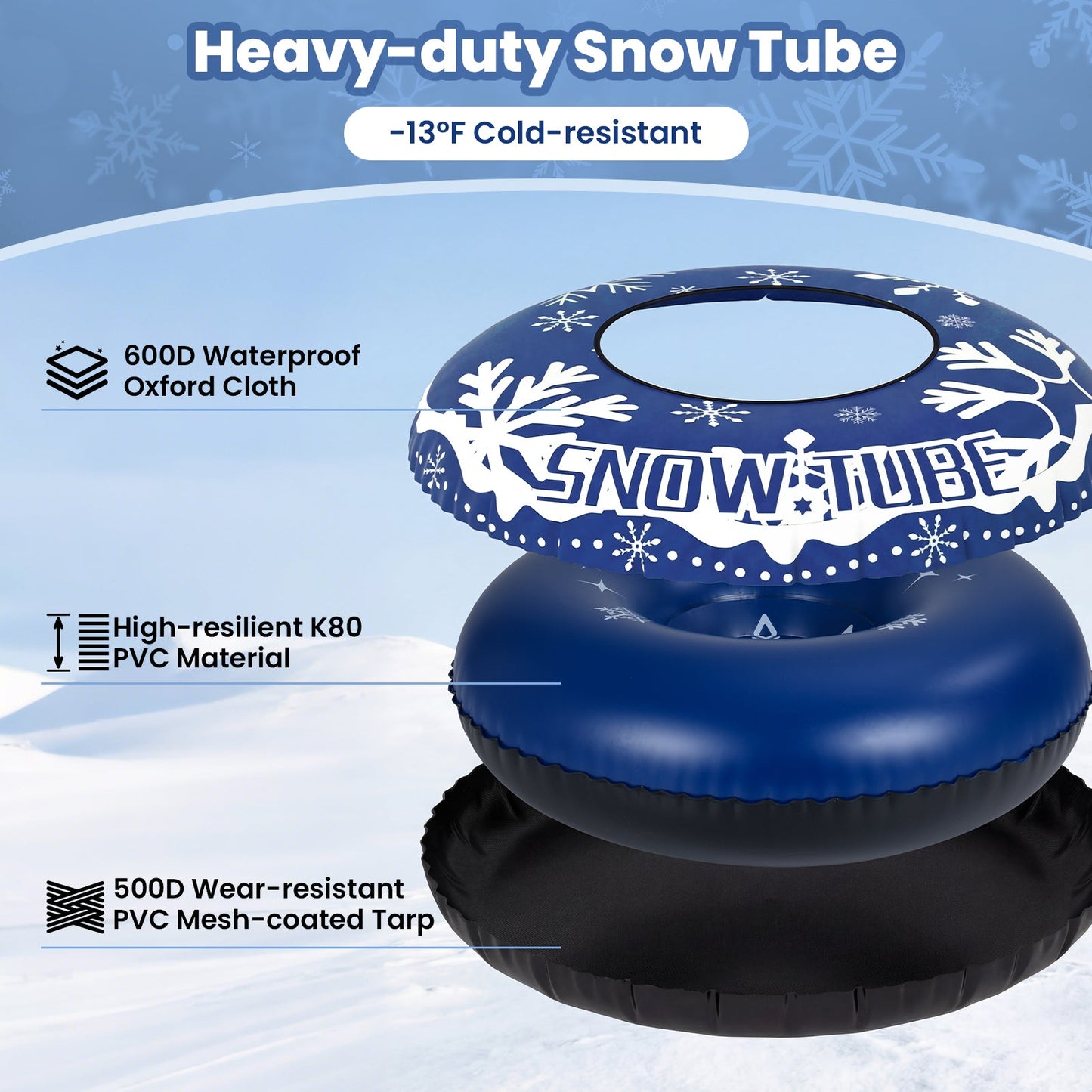 42-inch DirectDeals inflatable snow tube with detachable tow strap, blue snowflake design on Tampa Home & Garden Store