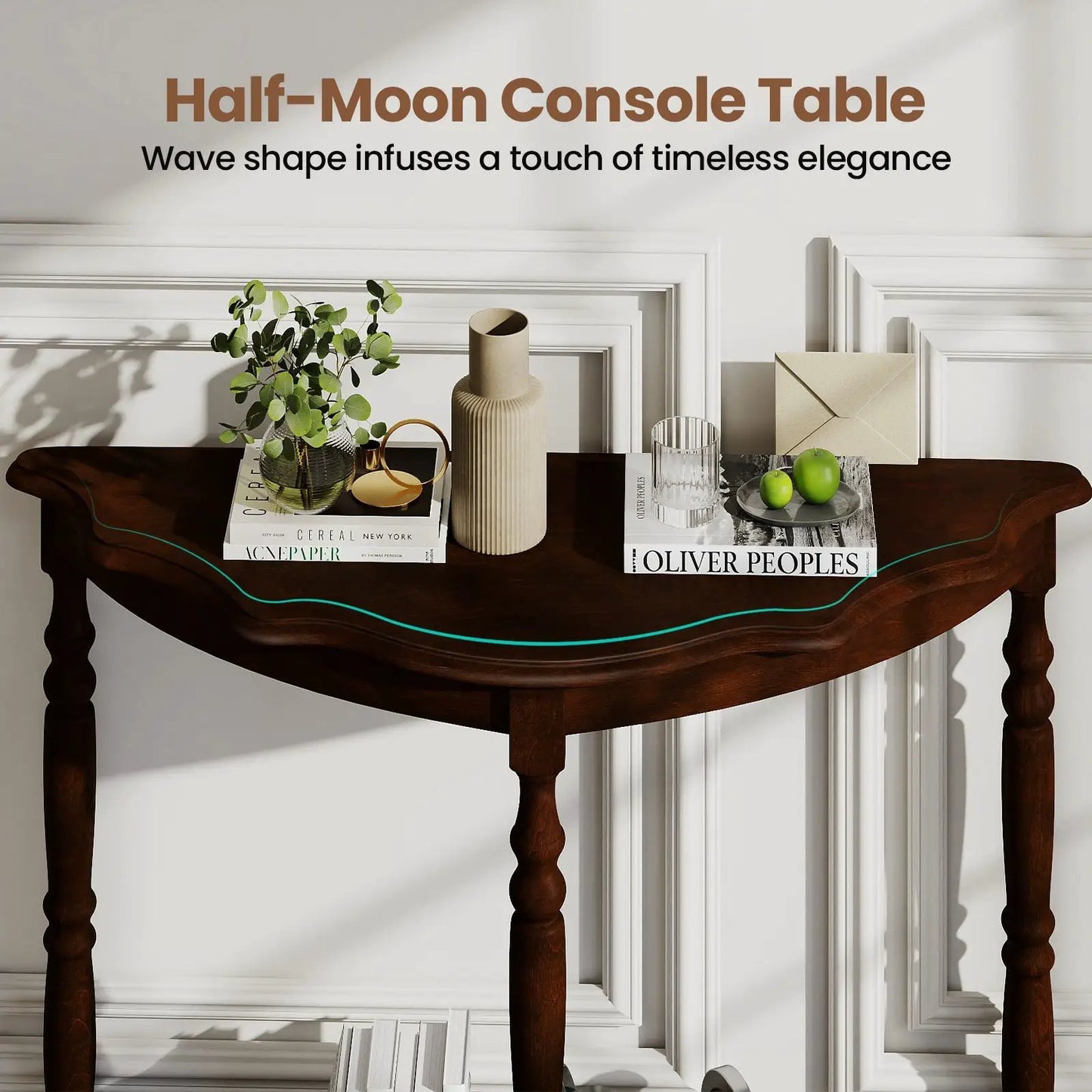 Espresso 42-inch Half Moon Console Table with rubber wood legs and plant and magazines on Tampa Home & Garden Store