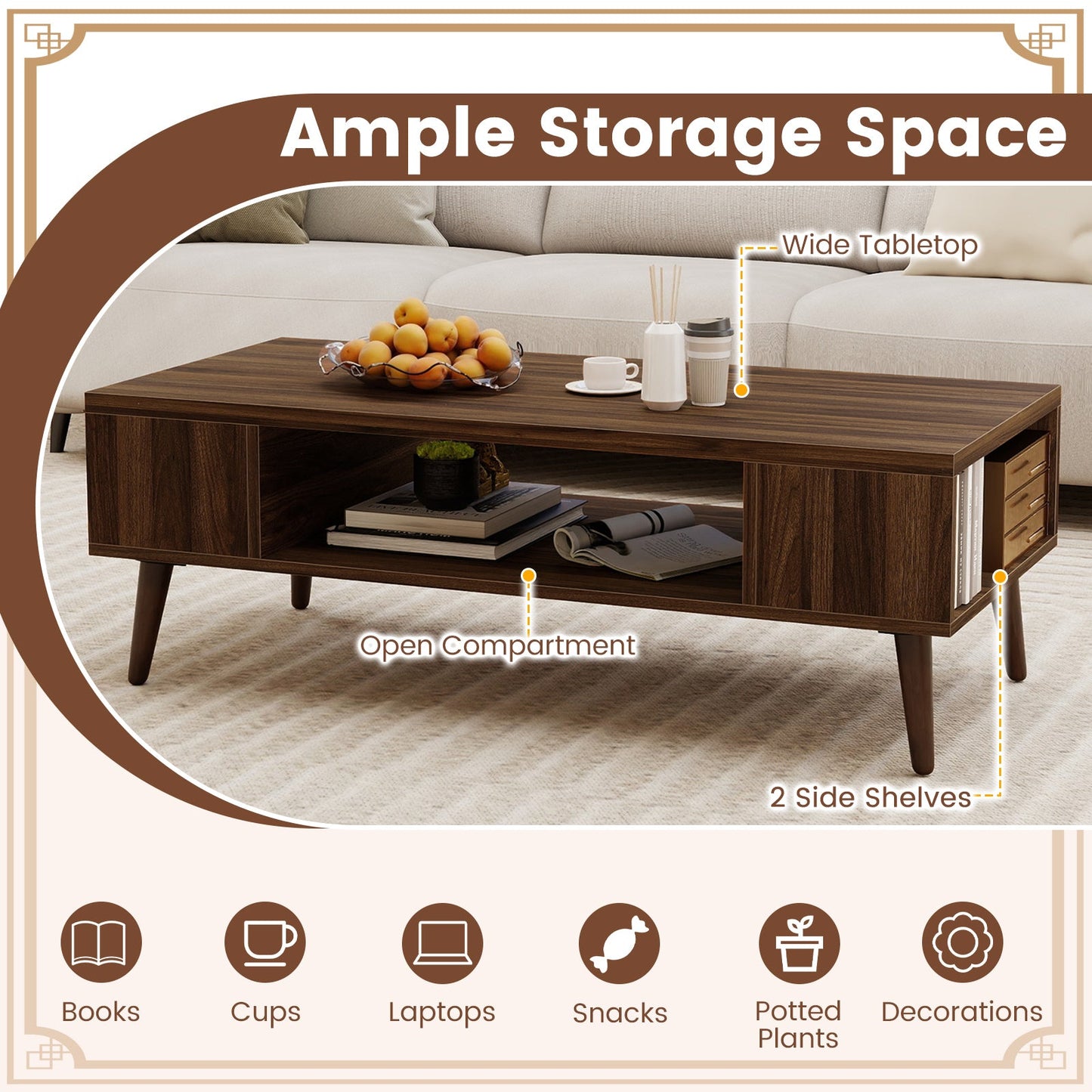 Walnut 42-inch mid-century modern coffee table with open storage and shelves DirectDeals on Tampa Home & Garden Store