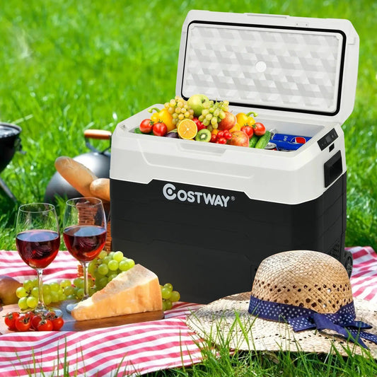 COSTWAY 42 Qt portable dual-zone car refrigerator with white lid open and filled with fruit on Tampa Home & Garden Store