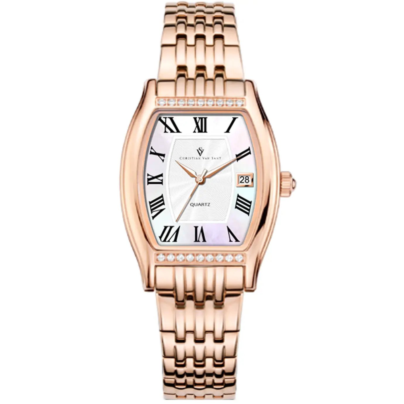 Christian Van Sant Gemma women's rose-gold watch with Roman numerals, crystal accents, date window on Tampa Home & Garden Store