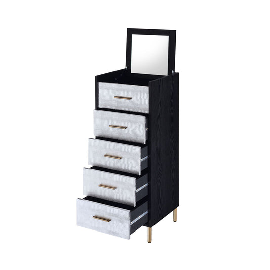 Myles Jewelry Armoire in black with silver textured drawers and gold handles, mirrored lid on Tampa Home & Garden Store