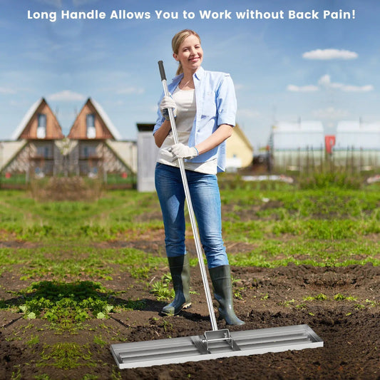 42x10 Lawn Leveling Rake with Ergonomic Handle, silver head, shown with a gardener in a field on Tampa Home & Garden Store