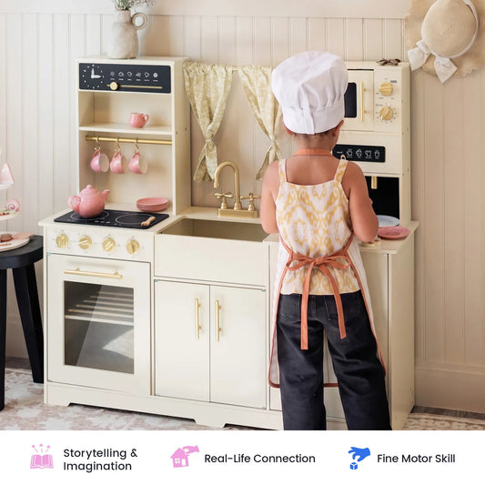 Tiny Land Iconic wooden play kitchen cream with brass faucet for kids by Tiny Land INC on Tampa Home & Garden Store