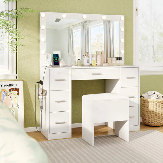 Vanity desk with LED lighted mirror, white, 43.5-inch in bedroom setup on Tampa Home & Garden Store