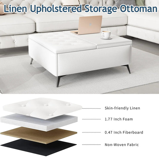 35 Wide Linen Upholstered Storage Coffee Table with Lift Top, tufted lid, metal legs on Tampa Home & Garden Store