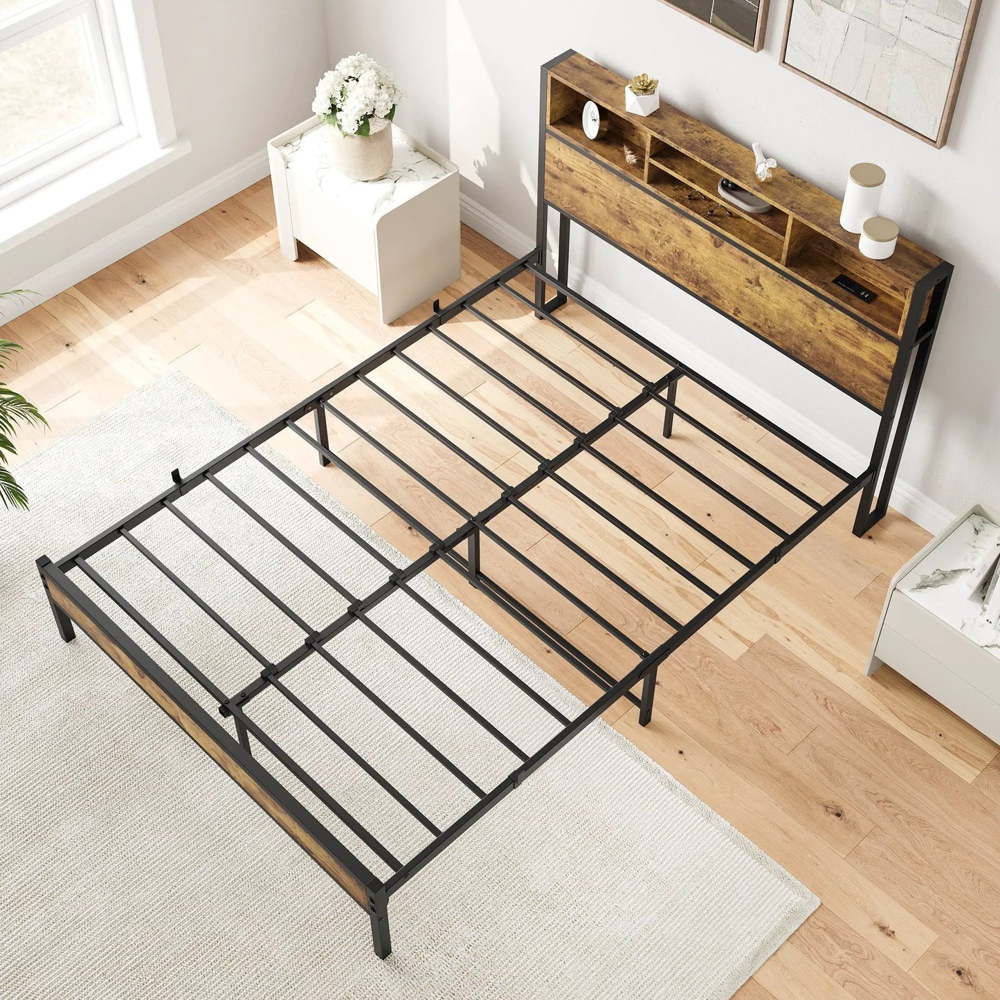 Full-size bed frame with storage headboard, black metal frame, wood shelves, platform bed on Tampa Home & Garden Store
