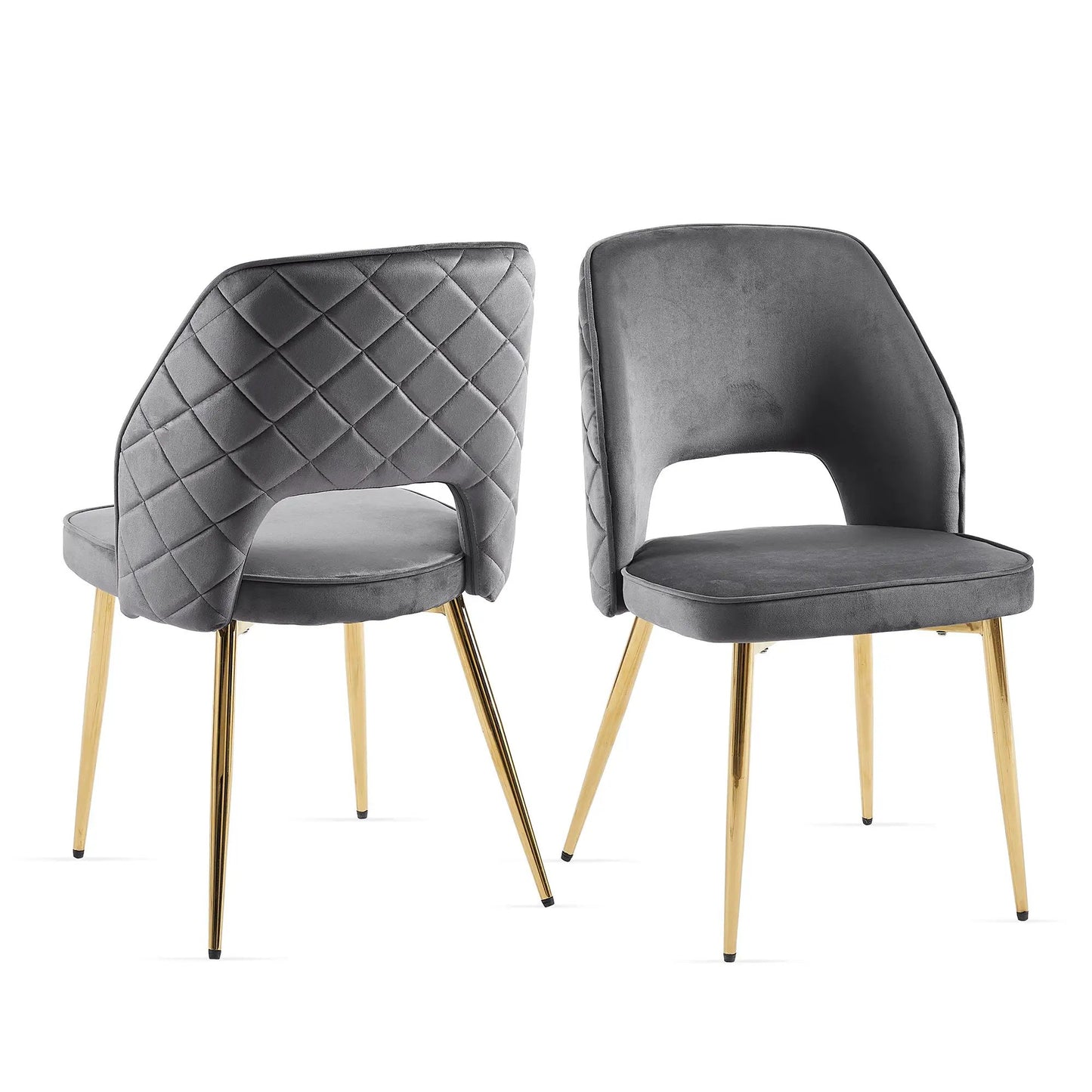 Gray Velvet Dining Chairs with Metal Legs, 2 chairs with quilted and smooth backs, gold legs on Tampa Home & Garden Store