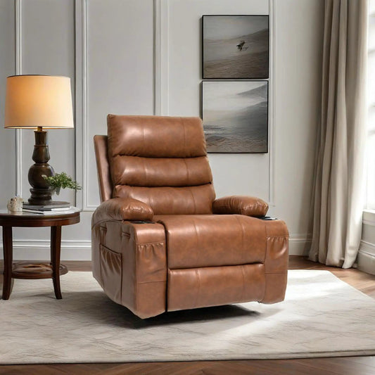 Power lift recliner chair in brown leather in a living room with a side table and lamp on Tampa Home & Garden Store