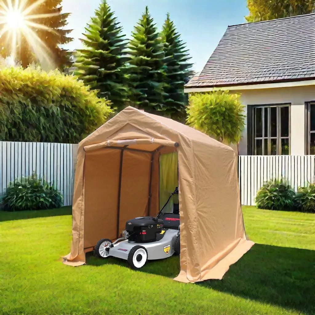 7x12ft portable gazebo shelter with roll-up doors in beige fabric with lawn mower inside on Tampa Home & Garden Store