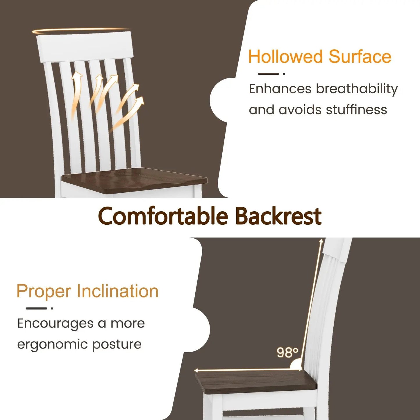 Set of 2 armless dining chairs with slatted white back and dark brown wood seats DirectDeals on Tampa Home & Garden Store