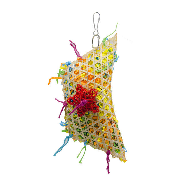Bird brushed straw toy, woven straw mesh with multicolor shredded strands and hanging hook on Tampa Home & Garden Store