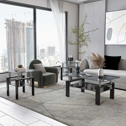 Set of 2 black tempered glass end tables with square tops and metal legs on Tampa Home & Garden Store